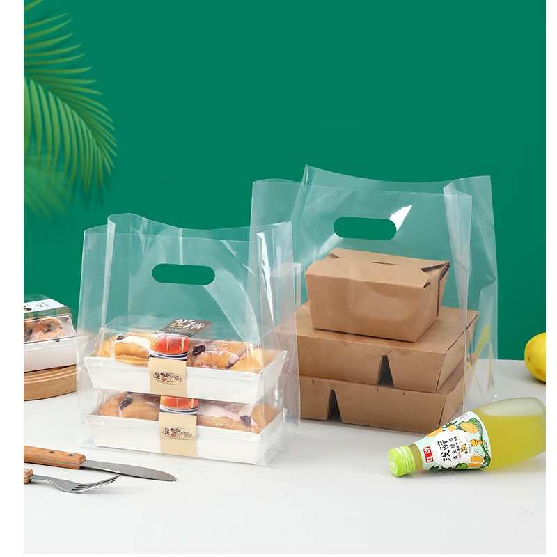 Flat Handle Take Away Bag Fast Pizza Birthday Cake Coffee Food Packaging Transparent Frosted Bag Restaurant Carry Bags