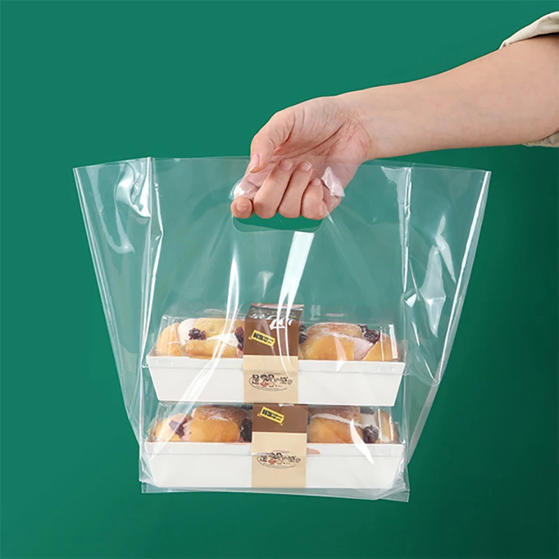 Flat Handle Take Away Bag Fast Pizza Birthday Cake Coffee Food Packaging Transparent Frosted Bag Restaurant Carry Bags With Logo