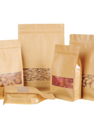 Kraft Paper Bag with Zip Lock and Window Flat Bottom Stand-Up Pouch for Nuts Pet Food Noodles Food Packaging