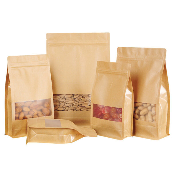 Heat Seal Paper Bags Kraft Paper Bag with Zip Lock and Window Flat Bottom Stand-Up Pouch for Nuts Pet Food Noodles Food Packaging