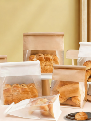 Custom Logo Oil Proof Toast Bakery Bread Croissant Packaging for Food Storage Toast Bag With Window White/Brown Kraft Paper Bag