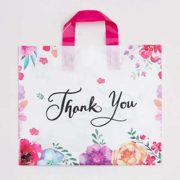 Plastic Bottom Gusset bag Recyclable Retail Custom Printed logo Reusable Plastic Poly Tote Carrier Die Cut Shopping Gift Bags with Soft Loop Handles