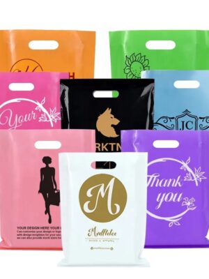 Fold Plastic Black Thank You Die Cut Handle Carry Shopping Packaging Bags for Boutique Retail Shopping